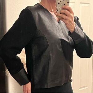 Vintage 90s Black Leather and Wool Mixed Media V Neck Relaxed Sweater M